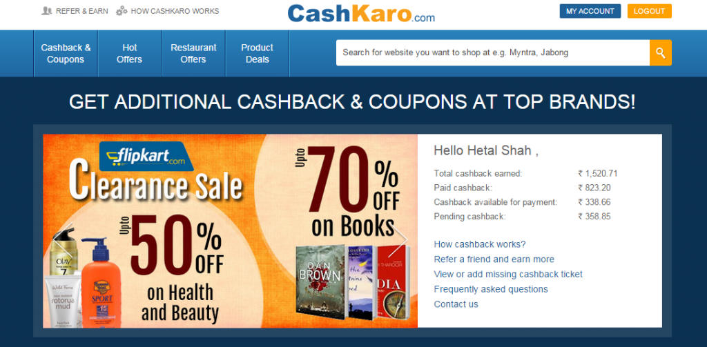 cashkaro cashback earned