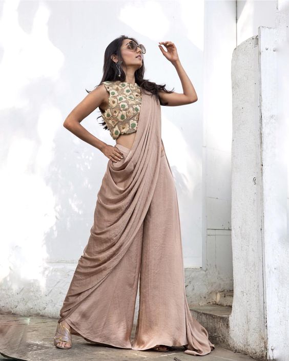 Lavanya The Label Pink & Grey Solid Palazzo Saree - Absolutely Desi